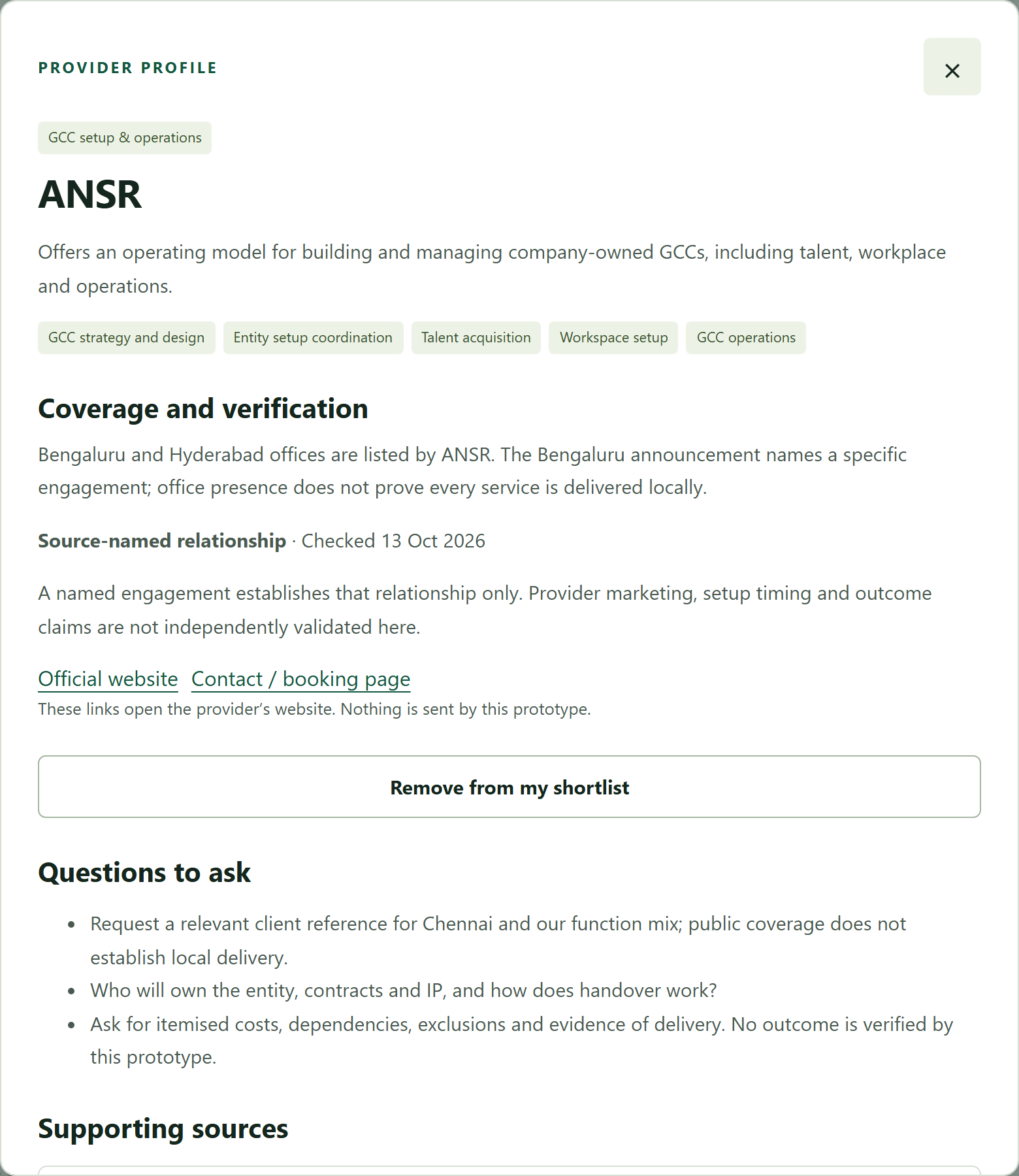 A provider with the evidence for its involvement, added to the shortlist